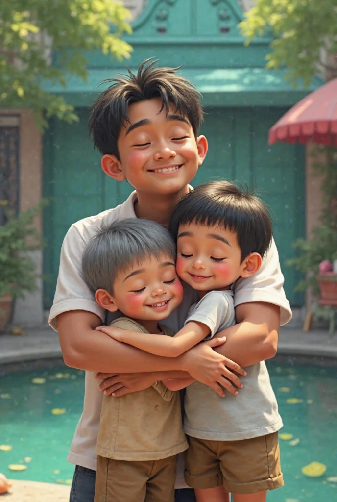Two 10 year old boys ran holding their parents' hands, very happy