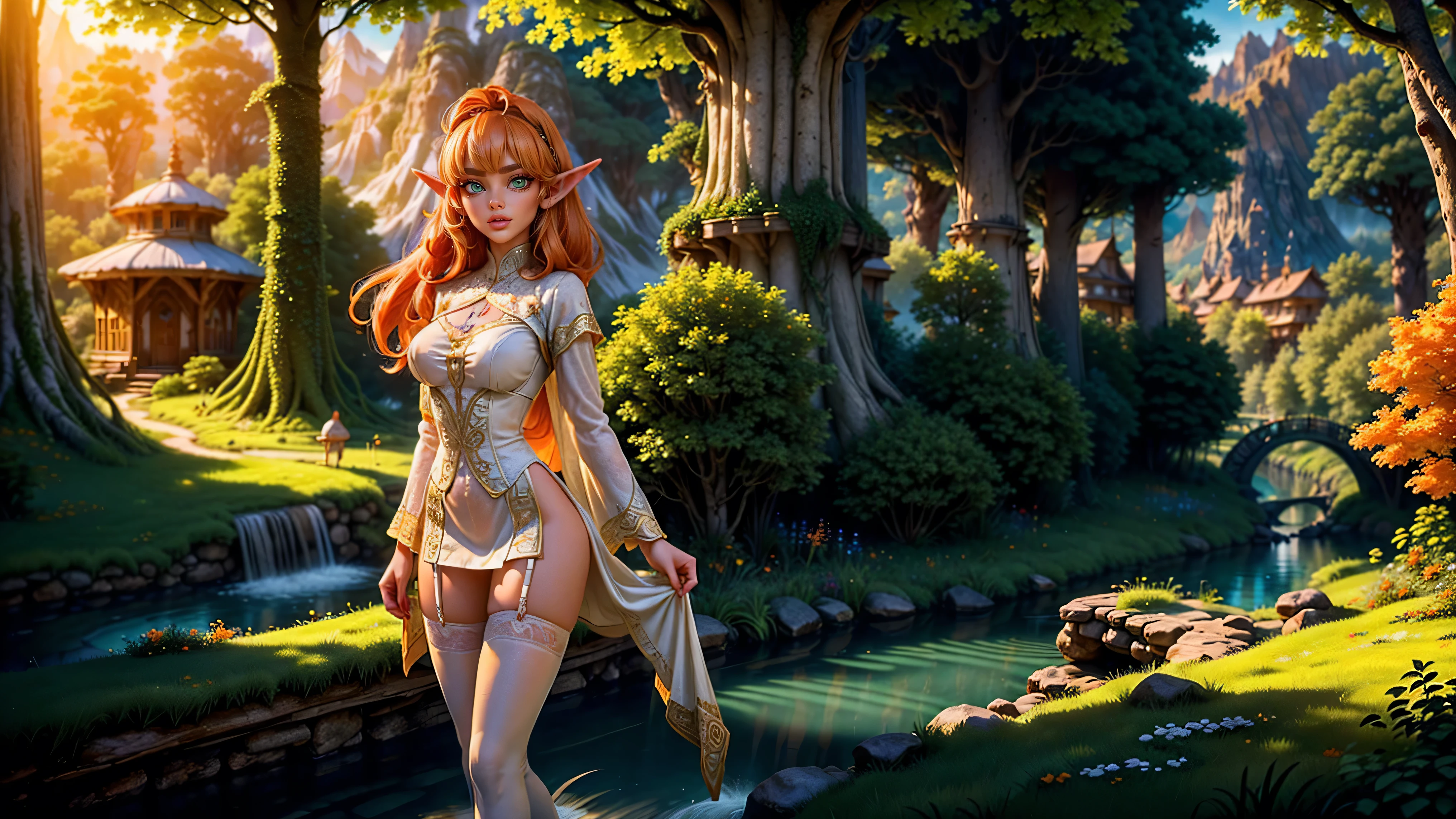 cute age elf girl with a beautiful body and face, men looking at her as she walks through her village, ((men staring)), ((1girl)), ((solo)), ((Long hair)), ((orange hair)), ((skinny)), ((petite)), ((young girl)), ((large expressive eyes)), ((smiling)), ((white formfitting clothes)), ((thighhighs)), ((fantasy setting)), ((forest, mountains, streams, meadows)), 
