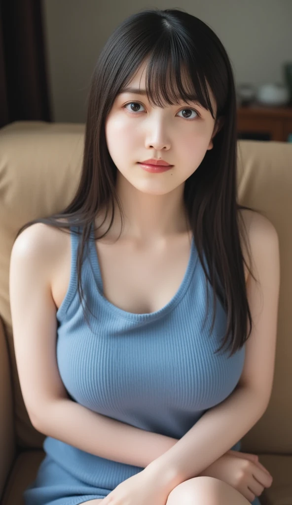 (((Highest quality,Very detailed,masterpiece,Very detailed))) ,(((Downward))),((Spread your legs)),loose breast,Camisole with showing through,one piece,barefoot,One Girl,Realistic,Bedroom、Looks sleepy