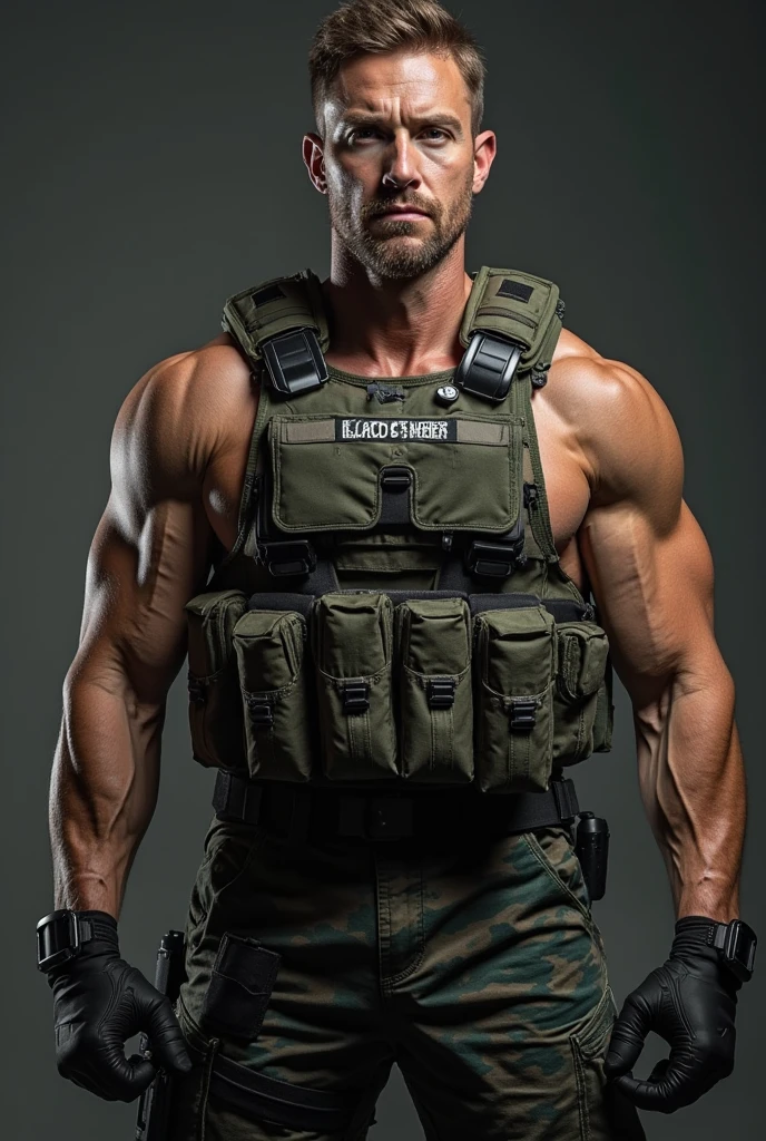 white man soldier special forces, 30 years old, military haircut, black hair, intense green eyes fixed, intense gaze, affiliated features, no facial hair, height 1.93, weight 100 kg, muscular build, broad shoulders, V-shaped body, tattoo's, full body focus, completely hairless,