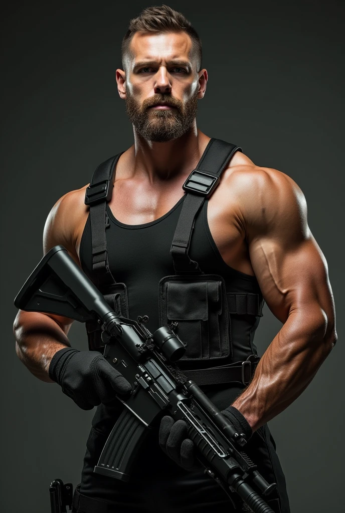 ((masterpiece)), ((best quality:1.2)), high resolution, 8K, (extremist_actual:1.3), (photoactual:1.4), Male focus, 1 boy, backwards have, arms, Vest, solitary, white Vest, 步gun, Pants, wristwatch, gun, Keep arms, muscular, Keep, watch, assault 步gun, Baseball cap, Keep gun, have, short hair, black Pants, Big bulge,Excellent J8,Chest muscles, muscular male, looking at the audience, Brown eyes, 仅have的, Jewelry, Black Hair, bracelet, actual,Perfect hand details