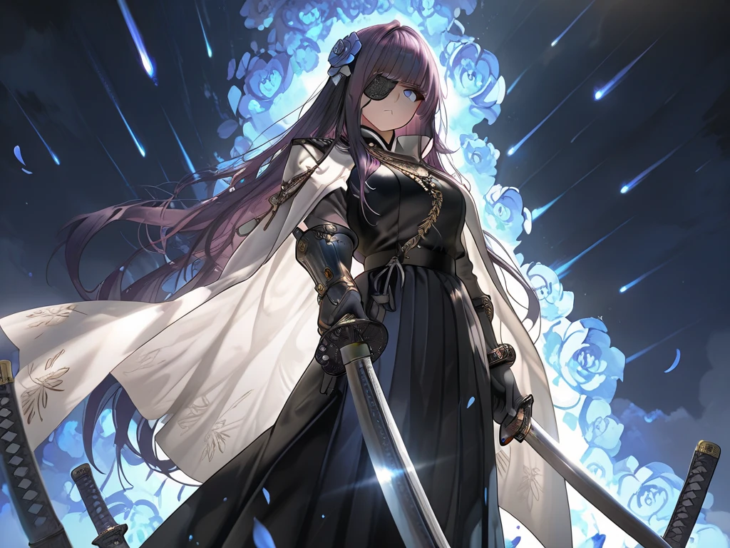 (red-blindfold:1.2), colorful, 1girl, white hair, purple eyes, dual wielding, sword, holding sword, blue flames, glow, glowing weapon, light particles, wallpaper, chromatic aberration, <lora:YKHB-000000:0.3>