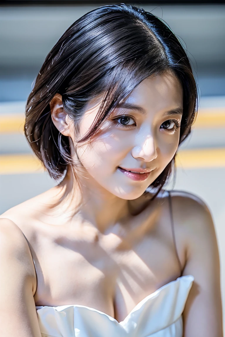 (8K、top-quality、​masterpiece:1.2)、(reallistic、photorealistic:1.2)（ultra-detailliert、hight resolution）(Slouched:1.3)、crouching down、(From  above:1.2)、(a closeup:1.4)、（Cut and sewn with loose chest area）Black business suit、OL、insurance sales girl、Smirk,Alafed Girl, chiho, iwakura lain, a closeupiwakura lain, With short hair, Shiori Teshirogi, Kotegawa Yui, short-cut, She is 40 years old, sui ishida with black hair, lain iwakura, Beautiful woman - well-groomed face, Clear pubic contours,(Small breasts), hight resolution, ighly detailed, top-quality, [​masterpiece:1.6],, ighly detailed, nffsw, finely detail, top-quality, , Cinematographic lighting, 1womanl、beautiful japanese female、perfect body type、, Beautiful big eyes with sexy droopy eyes、Transcendent beauty　top-quality、​masterpiece、majicMIX Real、(Raw photography:1.2)、(photorealistic:1.4)、s Office、　Negative Prompt