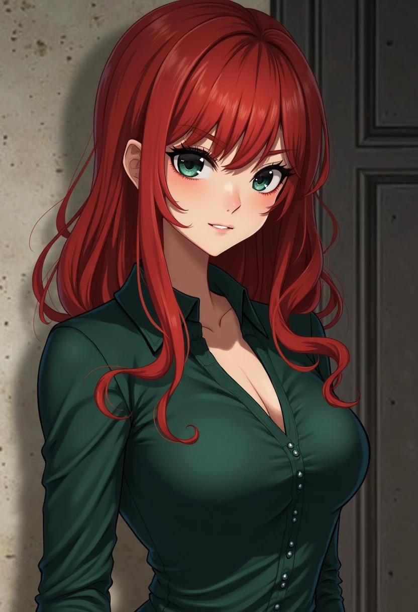 bitch medium breasts, red hair, beautiful face, green eyes, evil smile, blush, lipstick, evil smile , choker, masterpiece, best quality, ((unbuttoned , cleavage, necklace, earrings, sexy body,
breasts)) , micro skirt, smiling, navel , exposed belly, exposed navel,(nsfw) not safe for work,school, knot,
classroom , holding a gun, hold a gun