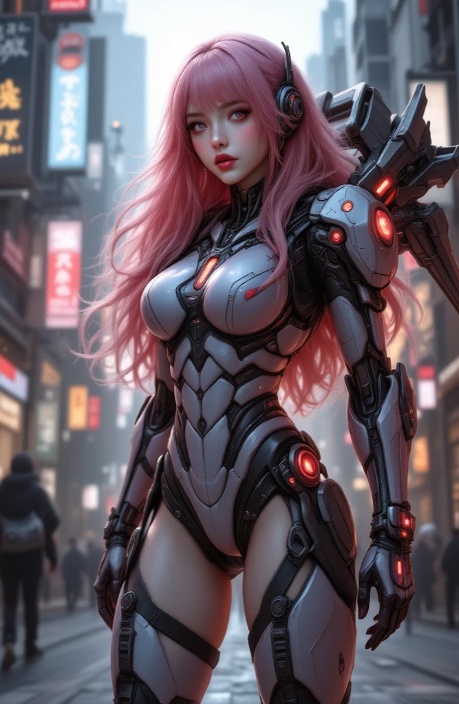 ((masterpiece)), (((best quality))), ((ultra-detailed)), ((illustration)), (highly detailed CG illustration), ((sexy posture: 1.2)), reflection, sharp focus, front lit, intense shadows, realistic (beautiful detailed eyes), eyelashes, ((realistic face: 1.2)), an extremely delicate and beautiful girl, ( two-tone hair color white line and pink), heavy breathing, pink hair, shiny skin, small chest, ((skinny body)), (( standing up)), (machine made joints:1.4), ((machanical limbs)),(blood vessels connected to tubes), (mechanical vertebra attaching to back) ,((mechanical cervial attaching to neck)), white body suit ,(wires and cables attaching to neck:1.2),(wires and cables on head:1.2, (character focus: 1.2), cinematic lighting, ray tracing, Depth of field, dynamic angle, looking at viewer, (((future city))), (((the best building))), (((rain))), ((futuristic weapons)), extreme detailed, colorful, highest detailed,