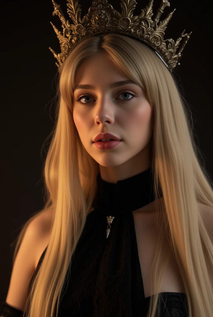Blonde girl with golden hair and a golden crown on her head, Grimes - Book 1 Album cover, gold wings on head, gilded gold halo behind head, cabelos dourados, cabelos dourados, Grimes, coroa de ouro e filamentos, golden halo behind her head, Elle Fanning como um androide, cabelo espaguete, parece uma mistura de Grimes, assemelhando-se a uma mistura de Grimes