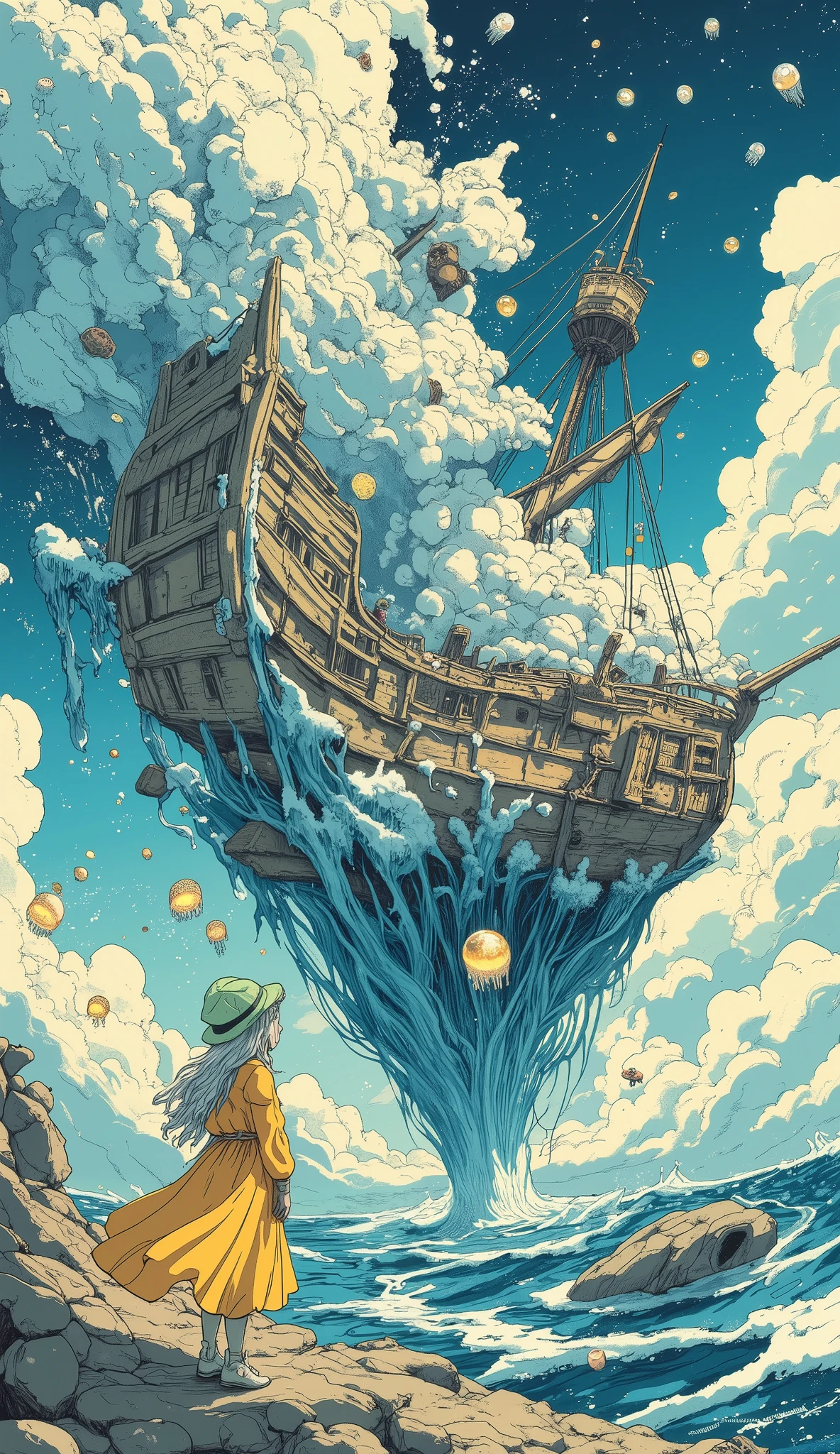Vision,fantasy scene,seawater pouring into the sky from bottom to top,Form a kilometer-high spiral column of water,The coral reef floats in the air,, and the surface parasitizes glowing jellyfish lanterns, and the shipwreck is inverted in the clouds,The mast is hanging from a fishing net formed into ice crystals, girl(21 years old,silver-white curls, long hair,gentleman hat with a mint green head,Creamy yellow long dress,off-white canvas shoes)Nestled next to a giant snow fox