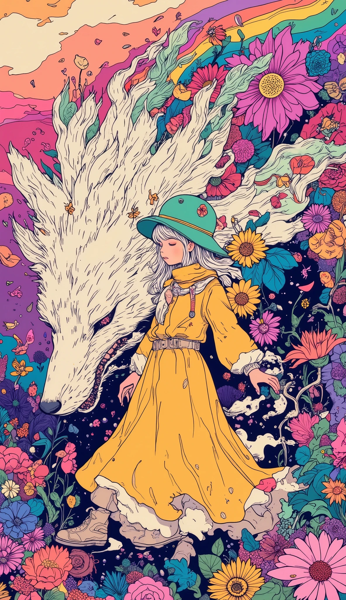 Vision,unrealistic color gradation of purple and pink in the sky,Create a dreamy atmosphere,Petals are condensed from liquid rainbows,will flow to neighboring flowers when touched and reshaped,firefly figures sleeping in flower pistils,will wake up when the moonlight shifts the angle and dance mechanical dance, girl(21 years old,silver-white curls, long hair,gentleman hat with a mint green head,Creamy yellow long dress,off-white canvas shoes)Nestled next to a giant snow fox