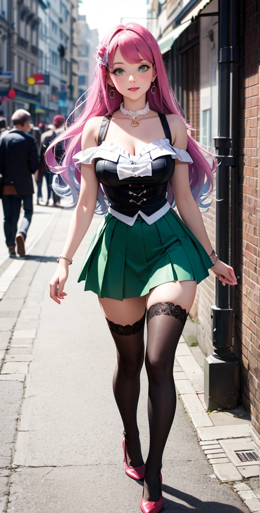 One Girl, Age 35, alone, ((Long dark green hair 1.4)), ((Sweaty 1.5)),((Shiny skin 1.4)),((Thighs)), blonde, Brown eyes, ((Pink mini skirt maid outfit 1.5)),((Knee High Socks 1.4)),whole body, bangs, Realistic,((Small boobs 1.5)), ((Sexy cleavage 1.3)) 4K, Highest quality, Slender beauty, Extremely clear images, 8k, Beautiful pose, Photo session、((Cute maid outfit 1.3))、smile、Straight hair,((Background of the mansion))