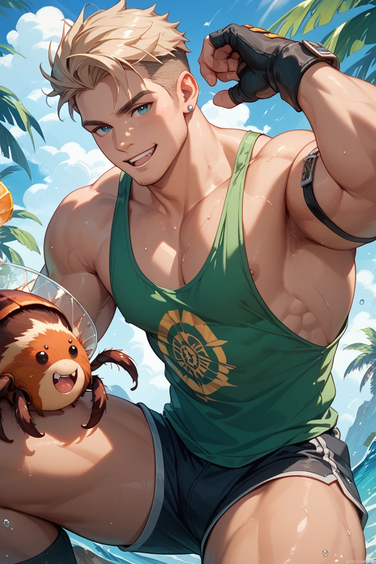 Thai men with strong bodies Has a tight six-pack and wears tiny white underwear. He was holding a chubby crocodile with cute rabbit ears on the crocodile's head. Have fun playing in the water in the middle of the rice fields. abstract pictures