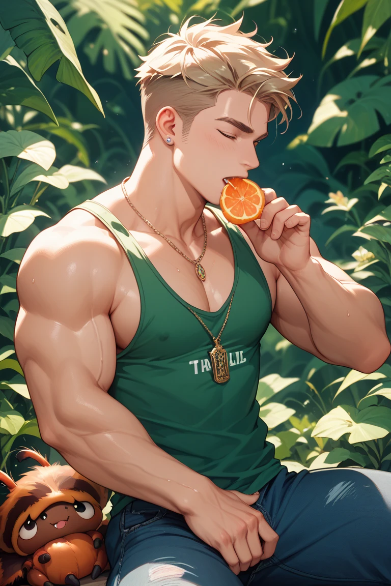 Man in a forest eating a shiny fruit coming out of his naked body while a snake on the tree