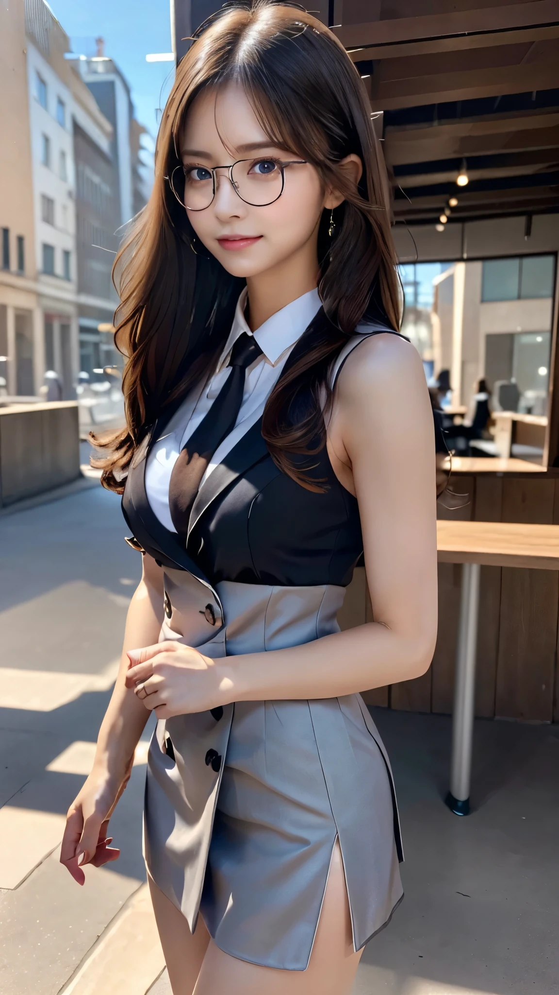 ((photorealistic)),((realistic)),((super high resolution)),((8K image)),( beautiful lighting arranged in an orderly manner),((Adult long hair:1.3)),((City Backgrounds:1.1)),((23 years old)),((Very beautiful and perfect body:1.2)),((A perfect and beautiful smile:1.3)),((detailed and beautiful skin)),((perfect and beautiful fingers:1.1)),((perfect anatomy:1.3)),((Beautiful E-cup breasts)),( beautiful waist),(big and toned hips),beautiful perfect face,A perfect and sharp gaze,( detailed and perfect big eyes),((office lady,Thin glasses)),((Secretary style suit:1.3)),((miniskirt)),random pose