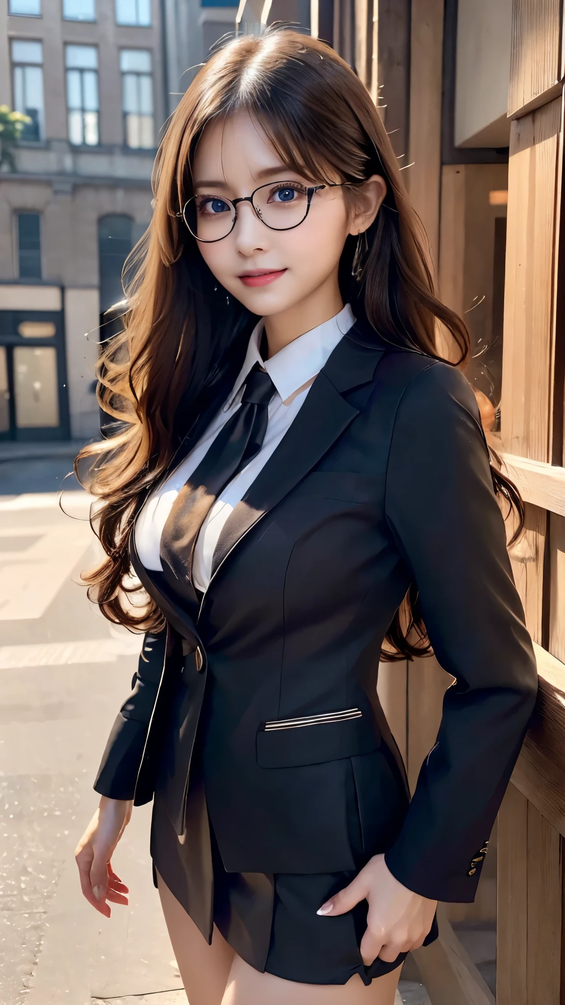 ((photorealistic in a room with white walls)),((realistic)),((super high resolution)),((8K image)),( beautiful lighting arranged in an orderly manner),((Adult long hair:1.3)),((City Backgrounds:1.1)),((23 years old)),((Very beautiful and perfect body:1.2)),((A perfect and beautiful smile:1.3)),((detailed and beautiful skin)),((perfect and beautiful fingers:1.1)),((perfect anatomy:1.3)),((Beautiful E-cup breasts)),( beautiful waist),(big and toned hips),beautiful perfect face,A perfect and sharp gaze,( detailed and perfect big eyes),((office lady,Thin glasses)),((Secretary style suit:1.3)),((miniskirt)),random pose