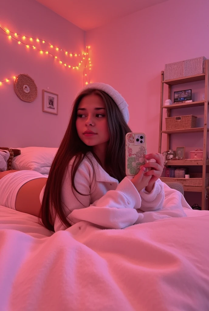 girl-selfie-brown-hair-laying-down-on-her-bed-dar-room-asthetic-pink