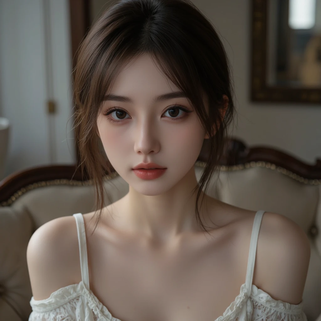 19 years old, Close up portrait of woman in Ancient Greek clothing、Shoulder out、thin、Serious expression、Short-haired、Deadly position, gorgeous necklace, light milky white porcelain skin, smooth translucent white skin, A seductive anime girl, beautiful and seductive anime woman, ultrarealistic sweet bunny girl, pale porcelain white skin, Smooth and realistic perfect body, realistic shadow, perfect body, guweiz masterpiece,Are thin,Artistic beauty nipples,