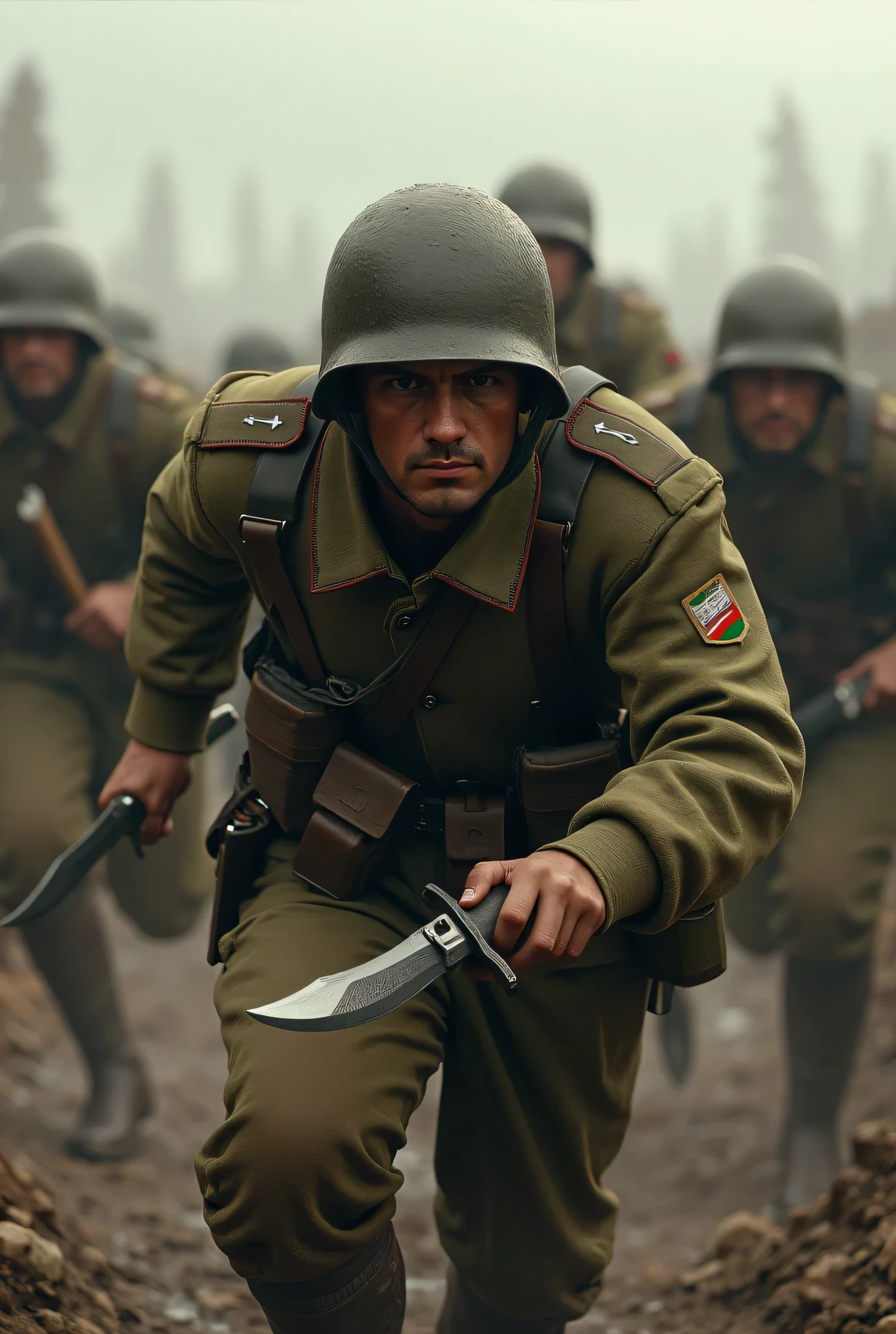 **Prompt:** Create a breathtaking hyperrealistic digital artwork that portrays a panoramic wide angle scene from World War I, emphasizing a group of Italian Arditi shock troops in action. Each soldier should be meticulously illustrated with finely detailed, muscular physiques, captured mid-sprint in a dynamic battle formation. Their faces should radiate fierce determination and courage as they hold and grip intricately designed army knives, showcasing the craftsmanship and realism of their army knives. Set this intense moment against the historically accurate backdrop of a muddy trench, reflecting the gritty atmosphere of the era with subtle noise and texture for authenticity. Utilize advanced techniques like octane 3D rendering to produce ultra-realistic textures, focusing on the interplay of light and shadow to enhance the drama of the scene. The composition must harmoniously balance dynamic movement with the strategic elements of focus, employing the ideal image aperture and full depth of field. Aim to capture this moment as if it were a powerful documentary photograph, showcasing meticulous attention to the soldiers' anatomy and their surroundings, rendering the piece in a style that embodies both photorealism and hyperrealism. Ensure the final artwork appeals to contemporary artistic communities, making it ideal for trending showcases on platforms like CGSociety and DeviantArt, while drawing inspiration from the cinematic storytelling of wartime films.