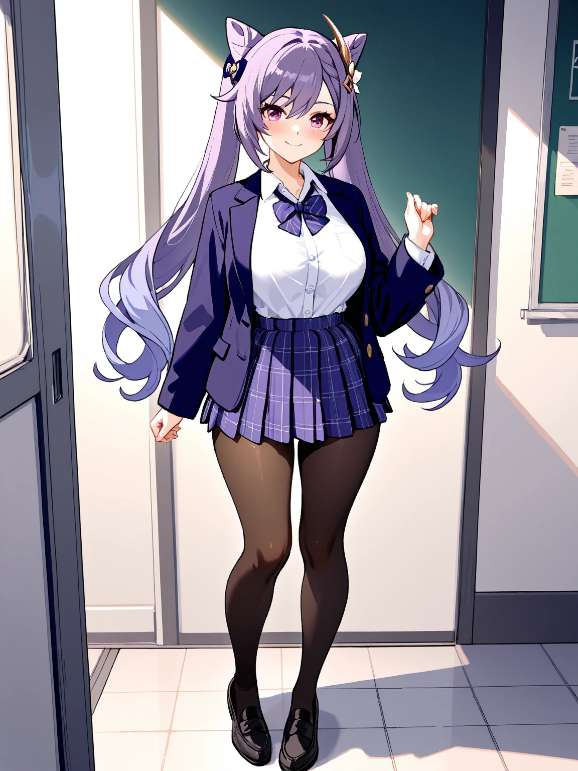 (((Highest quality:1.5、masterpiece:1.5、Very high resolution、Highly detailed images,2.5th Dimension))),Beauty Painting,A woman of perfect and ultimate beauty:18-year-old, Beautiful body:Slender and beautiful breasts、Beautiful Face:smile、Beautiful Hair:Colored、High school uniform:White shirt:ribbon:blazer:Pleated skirt、(Best Shot,RAW Photos:1.2)