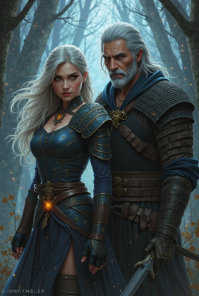 O Bruxo Geralt de Rivia , com uma mulher Negra, pele marrom claro, de cabelos longos lisos e ondulados, Woman with 18th century dress, os dois perto um do outro, Os dois olham confiantes para a frente, Os dois parados, in front of the palace of Anchieta, night and starry sky, HDR, feature, Mola 35mm, ultra detalhes, detalhes de textura precisos , UHD,16k,