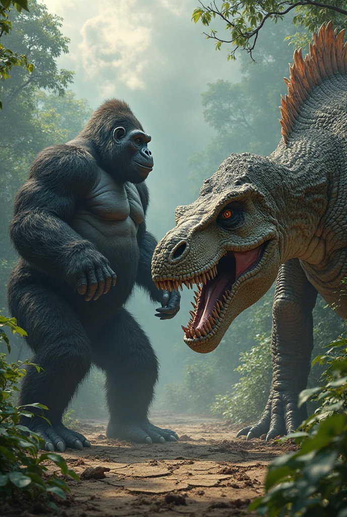 Gorila and dianasorous are standing in front of each other