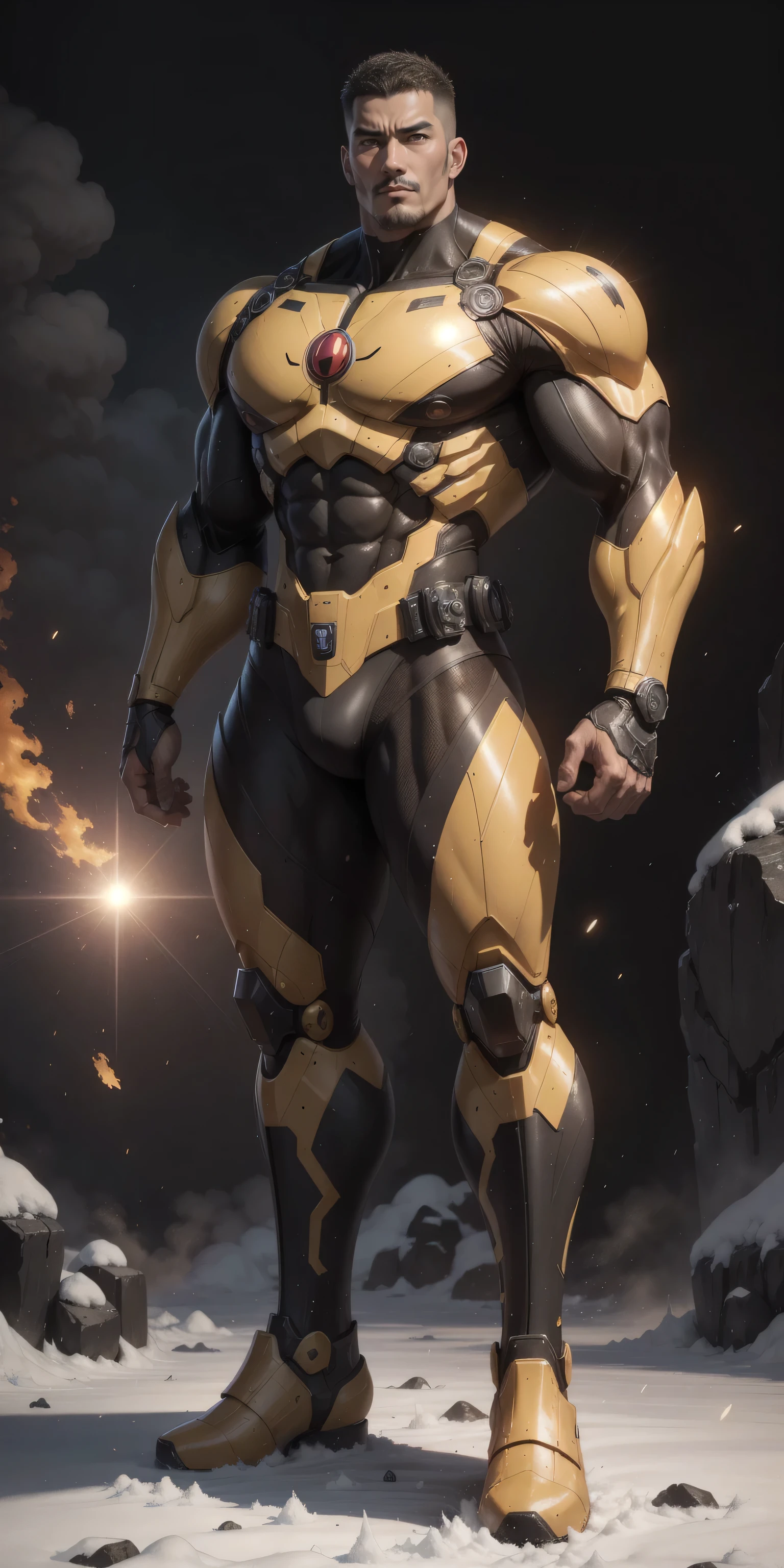 Man in yellow and black clothes standing on the sunny beach, muscular man, American round inch, Buzz cut, muscular! Wearing black sunglasses, mechanical mask, round head Buzz Cut, stealth suit, symmetrical pattern texture design, best picture quality and resolution, character design special forces, black military boots, attractive strong men and armor, weaving sunlight shining through the clouds on the body, Li Xiaoxiao