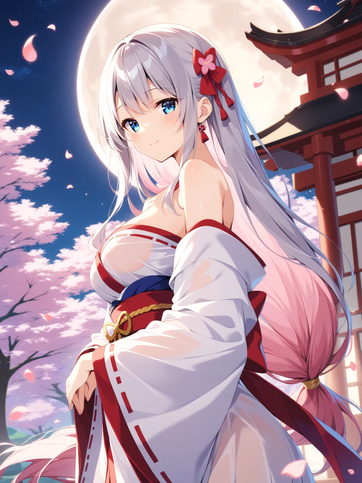 1 Girl, Akagiuchi,White Kimono,A faint smile,Keep your mouth shut, Fox ears, outdoor,Off-shoulder，Medium Breast, Sexy, Yae Shrine Maiden,Dress,Rural background
