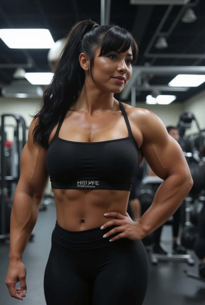 Hot Indian bodybuilder women of age 36 having curly hair and muscular body and giving out sexual expression from her tongue and having Big chest and extra large boobs flexing of her muscular body and sexy and large thighs wearing a short black bikni bra with too short skirt of blue colour of red colour having big hips and wearing a black and sitting in a comfortable posoture on the grass ground by folding her legs and sweating from all the body in the background of changing room looking her body in mirror
