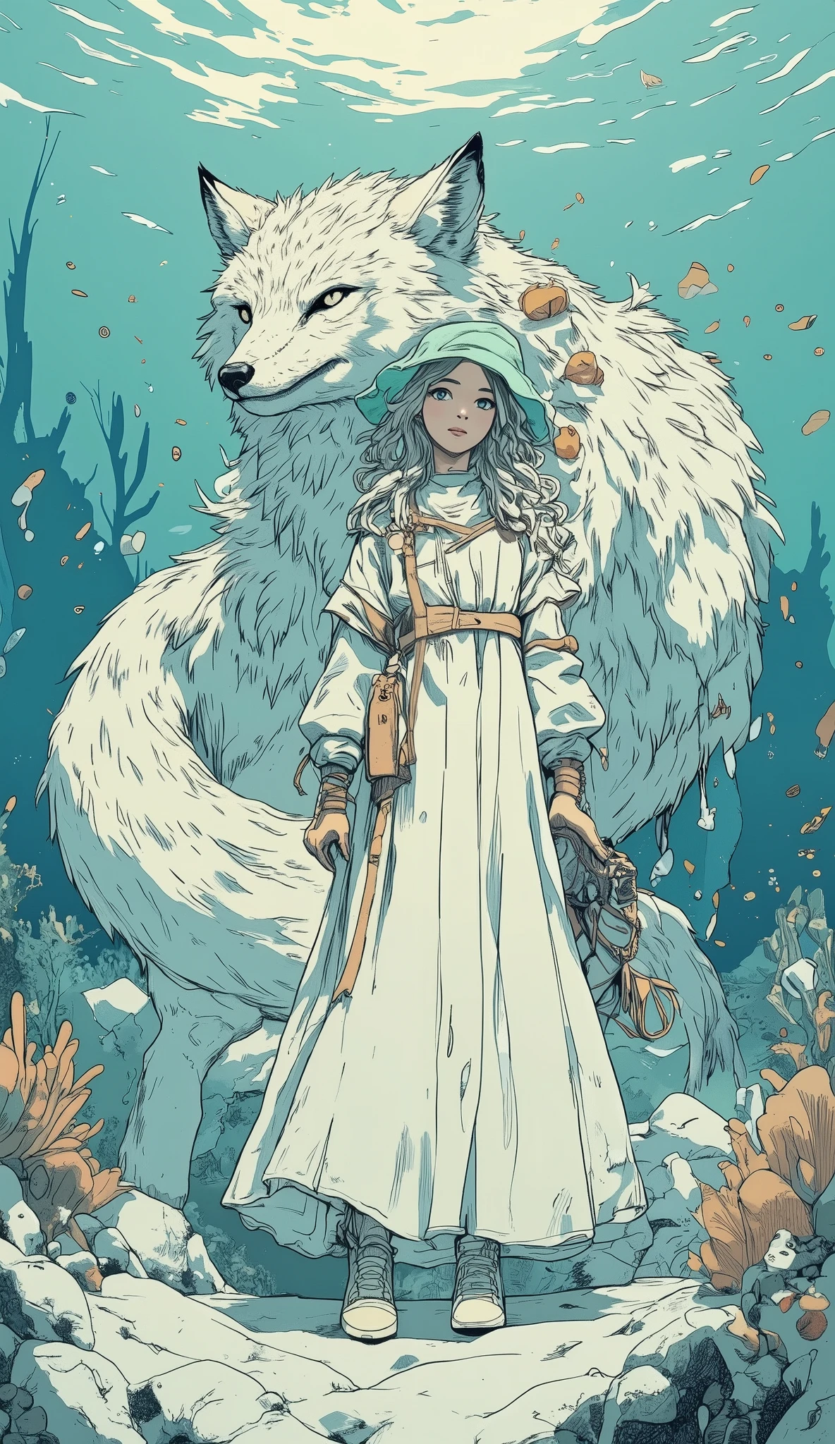 Imagine,underwater worlds, girl(21 years old,silver-white curls, long hair,gentleman hat with a mint green head,A huge silver snow wolf on the side of the light long dress,off-white canvas shoes)There is a huge snow fox beside it( There are reddish brown hairs on the ears)