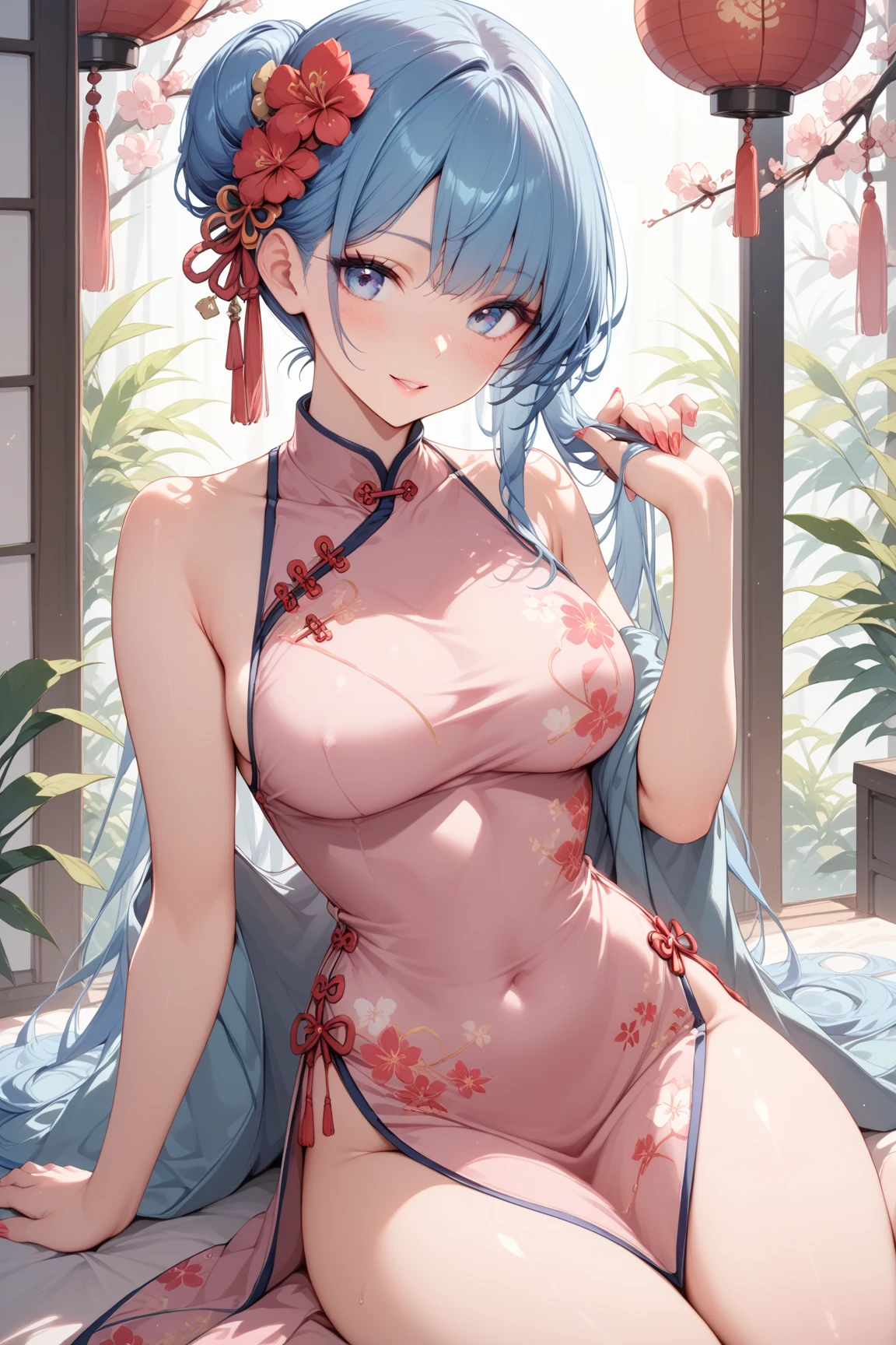 (masterpiece), ((Highly detailed 8K illustrations)), High resolution, (Highly detailed and beautiful background), Super precise painting, professional illustration, Super precise depiction, Super detailed depiction, (beautiful and aesthetic:1.2), HDR, (Depth of bounds written:1.4), colorful, Brilliant, Beautiful detailed glow light particles, Complex:1.4, zentangle,
(girl), ((Rem,Re:zero,blue hair,short hair)),(Highly detailed beautiful face and eyes), white skin, perfect body, thighs, big breasts, big areola, blue eyes, pink hair, oily skin, cute, bare shoulders, China dress, cheongsam clothing, short dress, cleavage cutout, side boob, thighs, smile, character focus, cowboy shot,