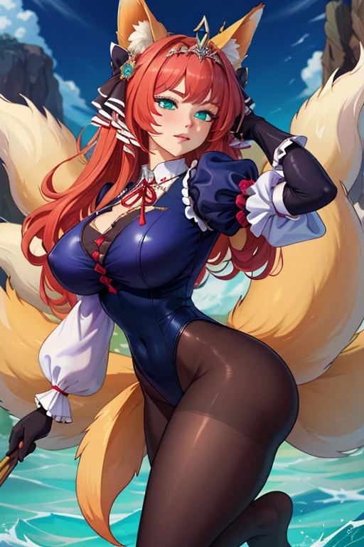 (masterpiece, best quality, ultra detailed, absurdres:1.5), 1girl, (sexy, beautiful woman, perfect face, perfect eyes, perfect female body:1.5), (tamamo no mae, hair bow, fox ears, fox tail, blue kimono, detached sleeves, blue thighhighs, bare shoulders, cleavage, pink hair, <lora:fate_tamamo-no-mae-10:1>), (standing, outdoors, forest), perfect lighting, smooth, hdr