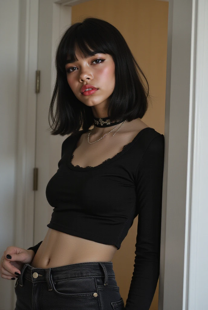 A girl 15yo, medium breast, perfect light, 159cm tall, Slim toned body, black hair, medium Bob wavy hair, princess expression, cute, catears, sexy, beautyful, Masterpiece, realistic