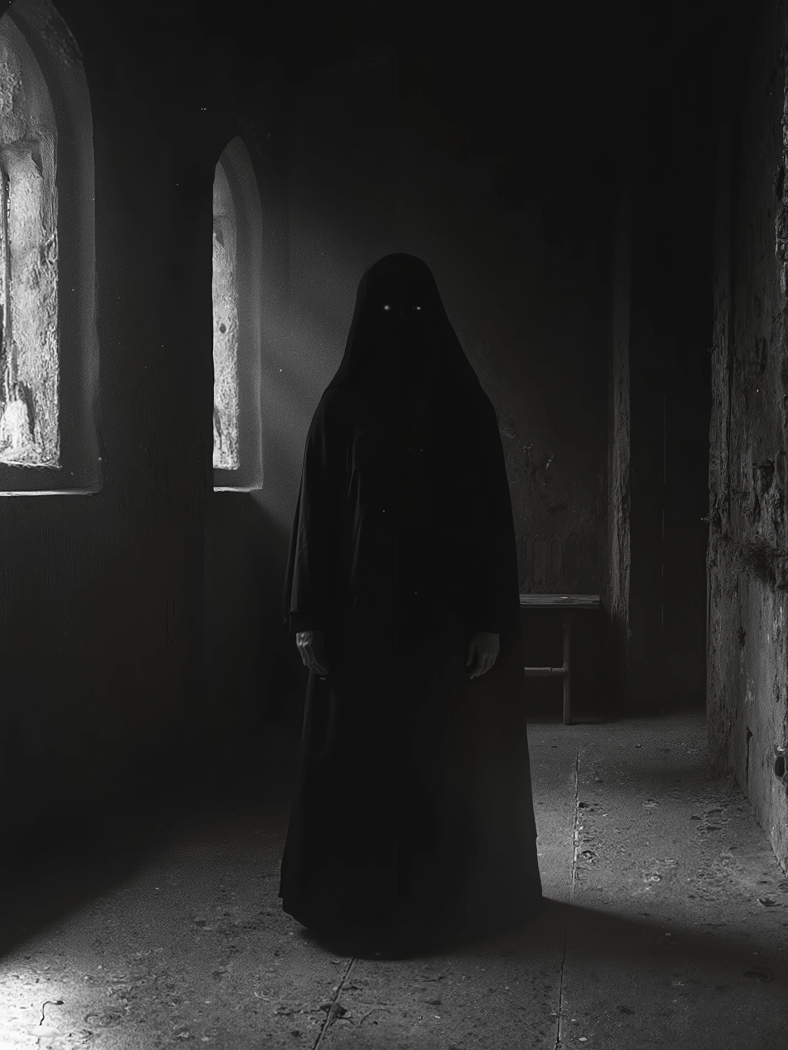 Fractured Reverence: A harrowing ancient silence awakes, occult, old photo, dark creepy, old nun, cloister, cathedral, black and white photo, dark, shadow, distorted, grainy, film grain, Victorian
