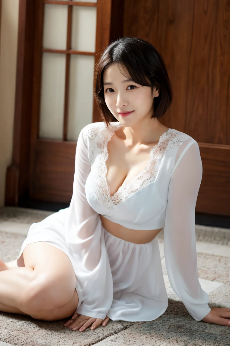 Upper class wife sitting on floor in dress, elegant japanese woman, (Wearing pantyhose)、Beautiful Asian Woman, with a seductive smile, (38 years), goddess of Japan, Lovely woman, elegant smiling pose, Japanese Models, Beautiful asian woman sitting, (in 8K、Raw photography、Top image quality、masterpiece:1.3)、(realisitic、Photorealsitic:1.4)、(Realistis:1.4)、(Transparency:1.2)、Exposed thighs!!!, raw,(in 8K、top-quality、masterpiece:1.2)、(intricate detailes:1.4)、octane renderings、Complex 3D rendering ultra detail, vibrant detail, super detailing, realistic skin textures, Detail Face, Beautiful detail eyes, Very detailed CG Unity 16k wallpaper, make - up, (detailedbackground:1.2), shinny skin、A smile、