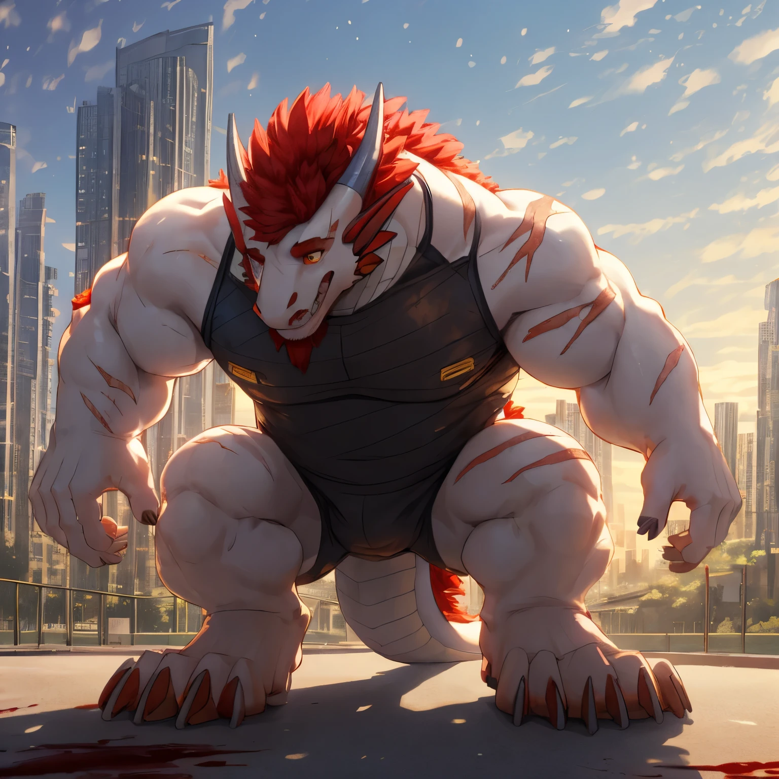 human nature,  wild animals ,  male,36 years old，uncle， Lonely, ((Round Face, Full face , orange eyes,thick red hair，Scars)), ((Endocrine,  handsome，Hot Blood)), （ mech suit ， no electricity ，exhausted), ((domestic white dragon,  White Dragon，) furry fur, furry), Bokeh, (high quality, high resolution,  masterpiece), ( dynamic lighting, bright colors), (Revitalization，harm，Cities that despise ), Full body picture (close up),  cartoon，showing its whole body including feet，At the playground