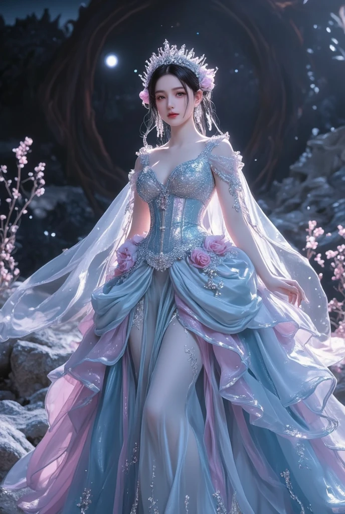 1 girl, far away_body hair, Ablaze_body hair_Farbe, enticing_Ojo, Mystery_Express, mellow_Appearance, enchanting_complete outfit, flowing_overskirt, chic_jewerly, complex_DeFarbeação, magie_Symbol, luminescent_Accessories, potion, pergaminhos, kind_accent, 弓, cinta, flowers,