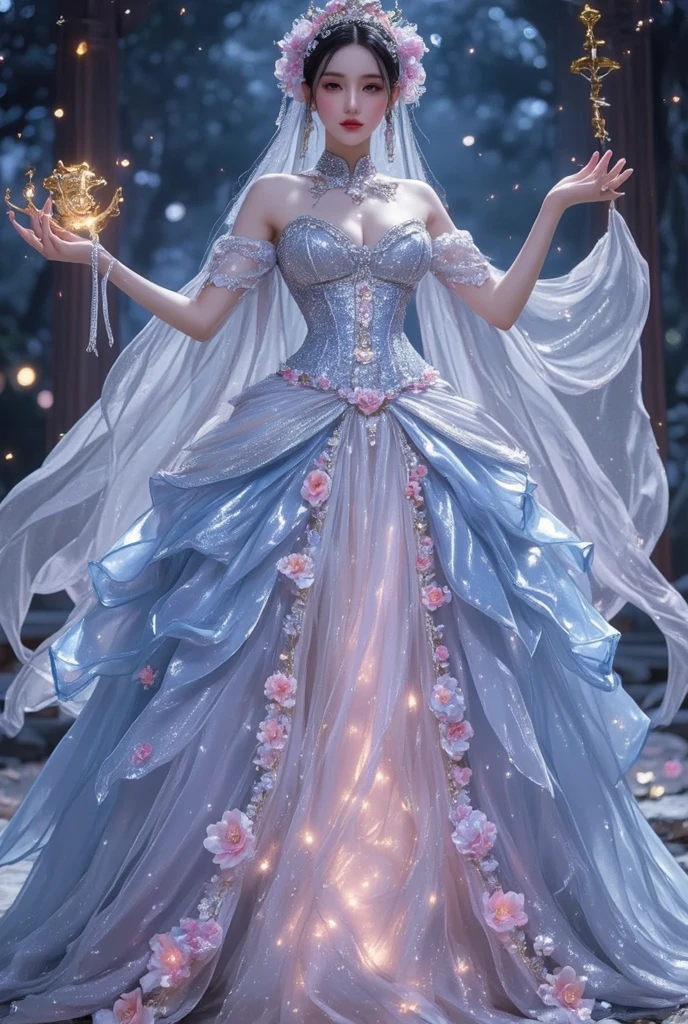 a day of the dead goddess wearing a majestic pink and gold ball gown dress with rhinestones and tulle skirt, big beautiful dress, intricate puffy ball gown with lots of ruffles and rhinestones (Masterpiece, Top Quality, Best Quality, Official Art, Beautiful and Aesthetic: 1.2), (rococo) , Victorian), (1 Flower), Full Body, Extremely Detailed, (Fractal Art: 1.3), Colorful, Most Detailed