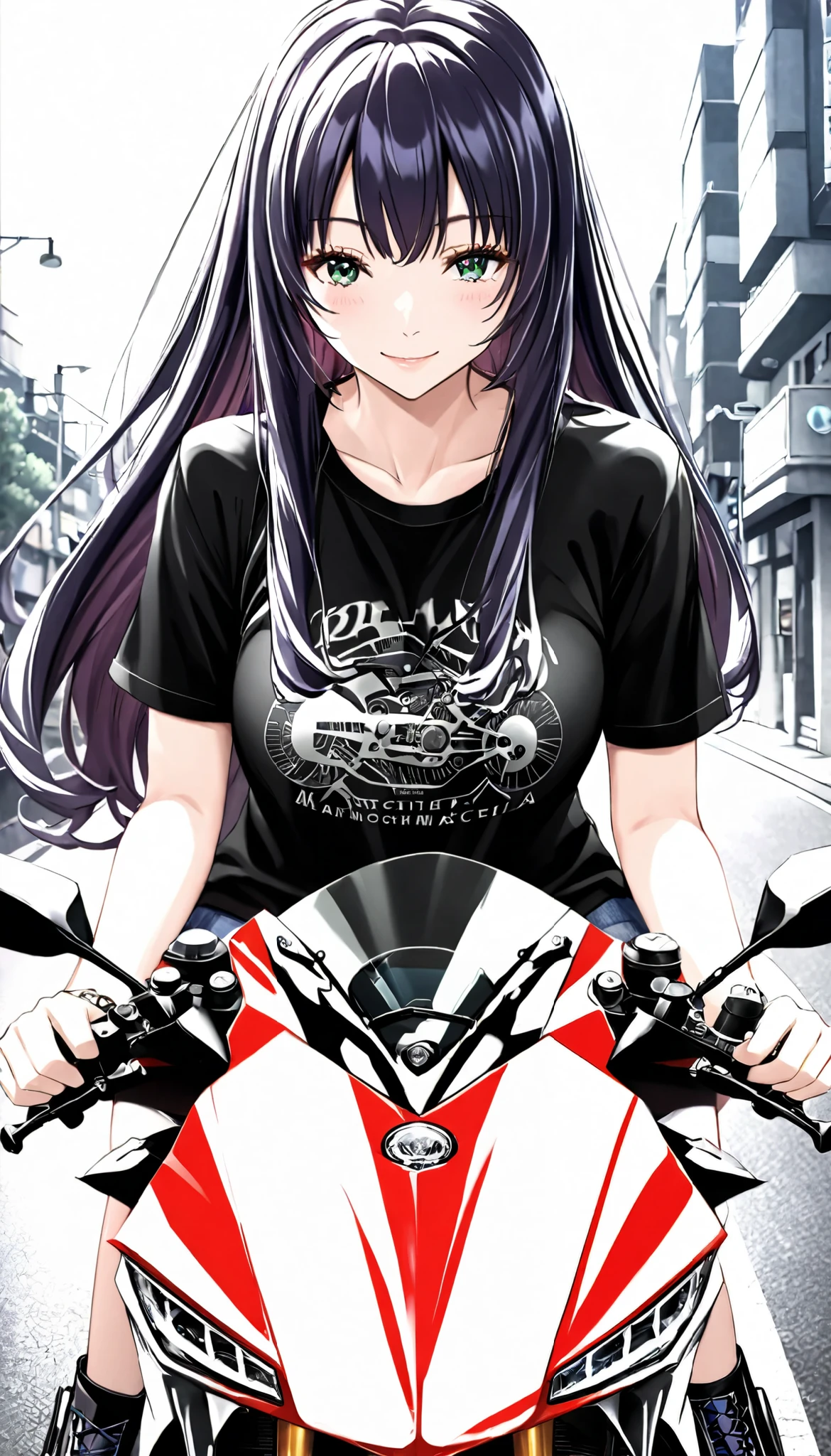 realで精巧な背景,Current Night Street Corner,Precision Machine Motorcycle, wearing a sweatshirt,woman,real,Natural Hands,exquisite details,long hair on breasts, Hair,best quality,miniskirt,Short Boots,short sleeve t-shirt,smile,
