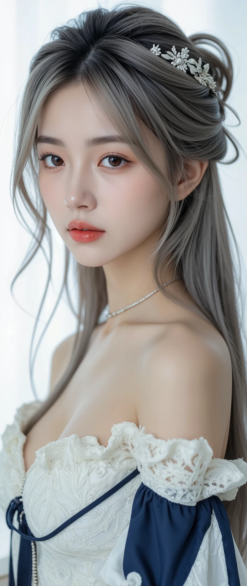 highest quality, masterpiece, ultra high resolution, (realistic:1.5), Raw photo, One ,simple gray background、in the dark, deep shadow, cold light, sexy look, silver hair,(((naked、beautiful navel、small breasts)))