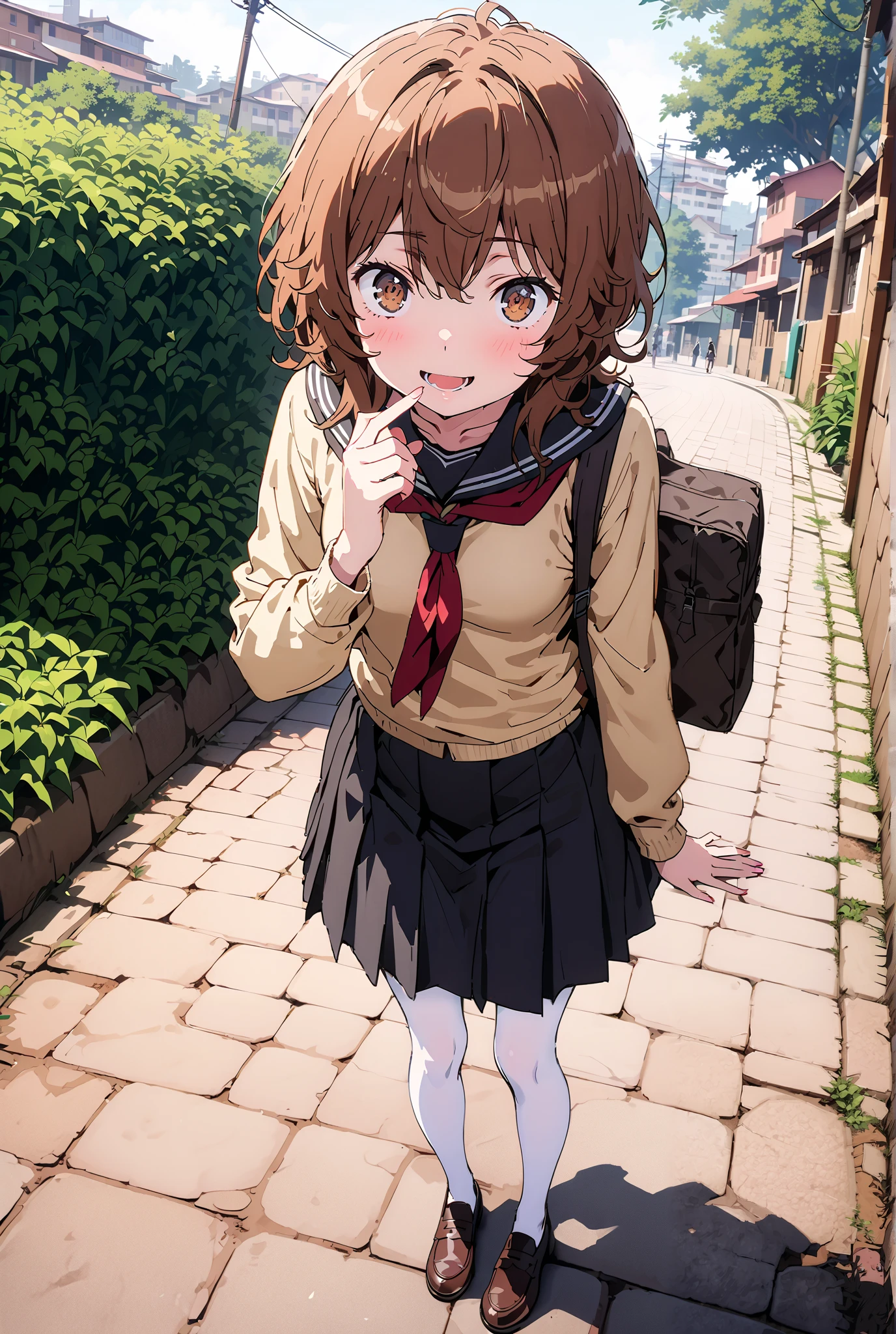 Liliru Card, Lilylka Alde, brown eyes, black cock, smile,cover,opens her mouth,short hair,Black sailor suit,red 弓tie, yellow cardigan , black mini pleated skirt ,white pantyhose as if it were in the illustration,loafers,Student bag 1 :1,Beautiful Scenery,evening,full bodyかイラストに入るように,break outdoors, residential area,
break looking at viewer,full body,
break (masterpiece:1.2),best quality , kampala, Unity 8K Wallpaper ,(shape:0.8),( fine, beautiful eyes :1.6),It's a person ,full body写真,CG Details , (perfect hands,complete anatomy),