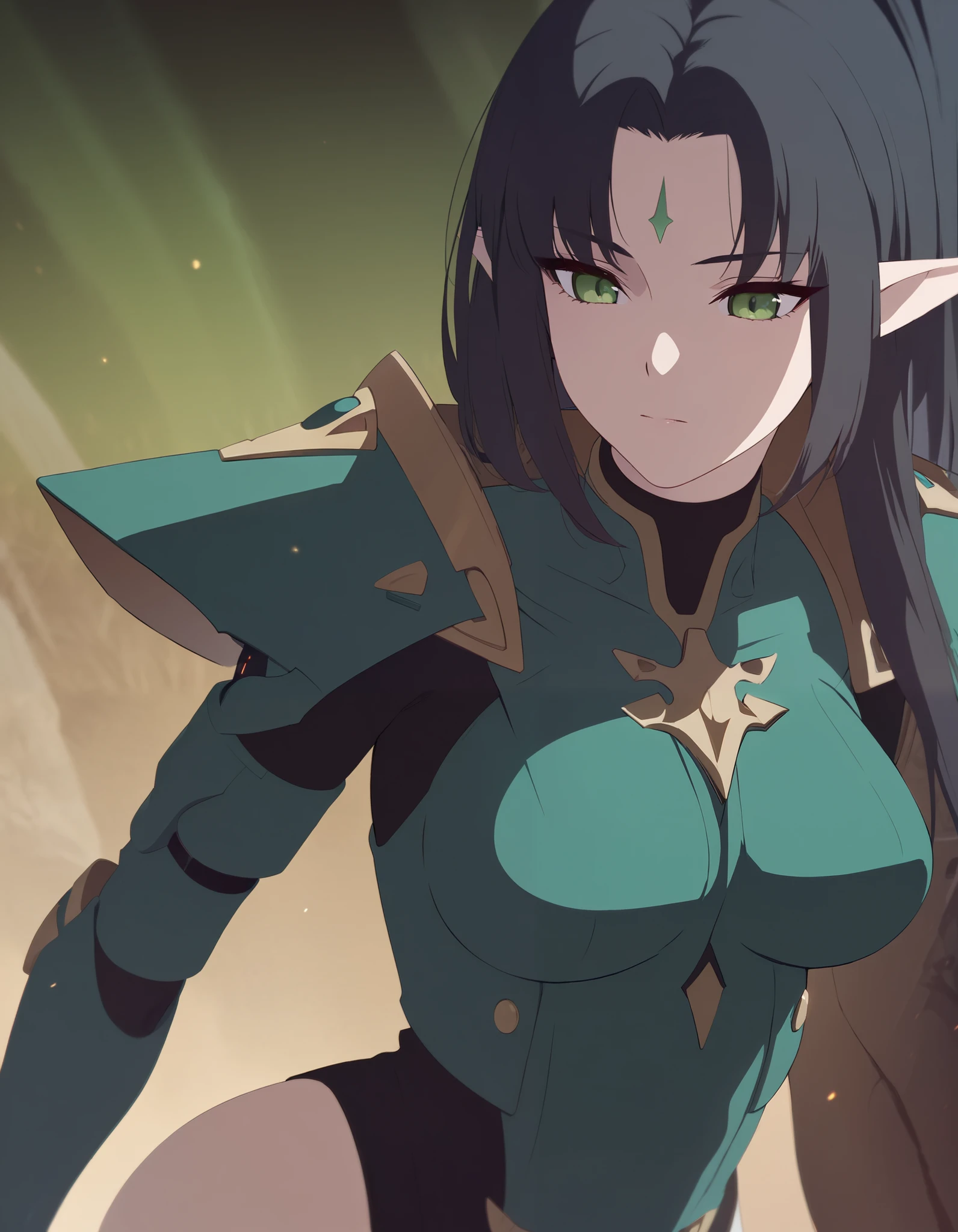 Eldar female, eldar armor,  beautiful appearance,  slim , slightly thick thighs, long black dress, order, shoulder pads, long black hair, green eyes, elf ears, face close-up 