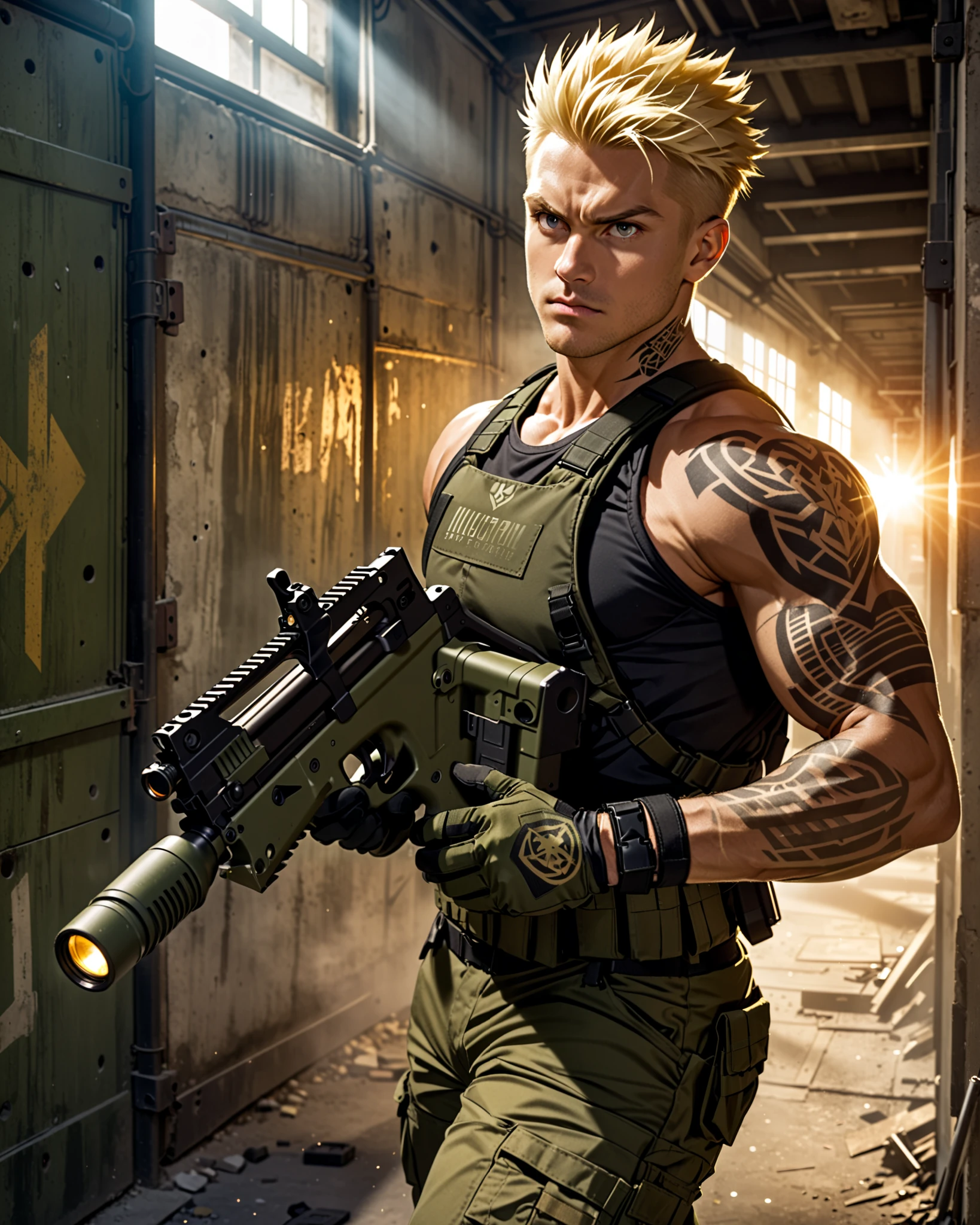 ((best quality)), ((super detail)), ((masterpiece)), photography, scene: spacious abandoned warehouse, theme: mercenary, character: male gunslinger, appearance: muscular build, action: fighting stance, facial expression : smirk, holding a large caliber pistol, Desert Eagle .50 handgun, assault vest, mafia sports tattoos, cybernetic enhancements in arms, blonde hair, green eyes, perspective: 4K.