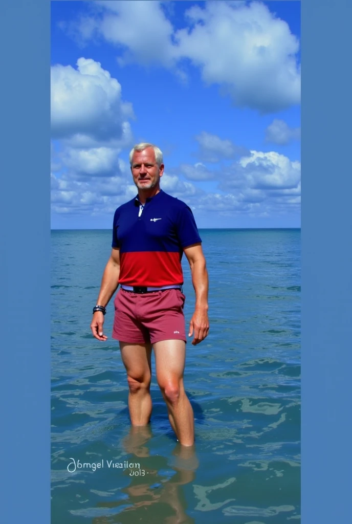 1man,masterpiece, best quality,(wholesomegrandpas:1.1), KK-70, blue one-piece swimsuit, beach, <lora:sukumizu_KK-70_2:1>