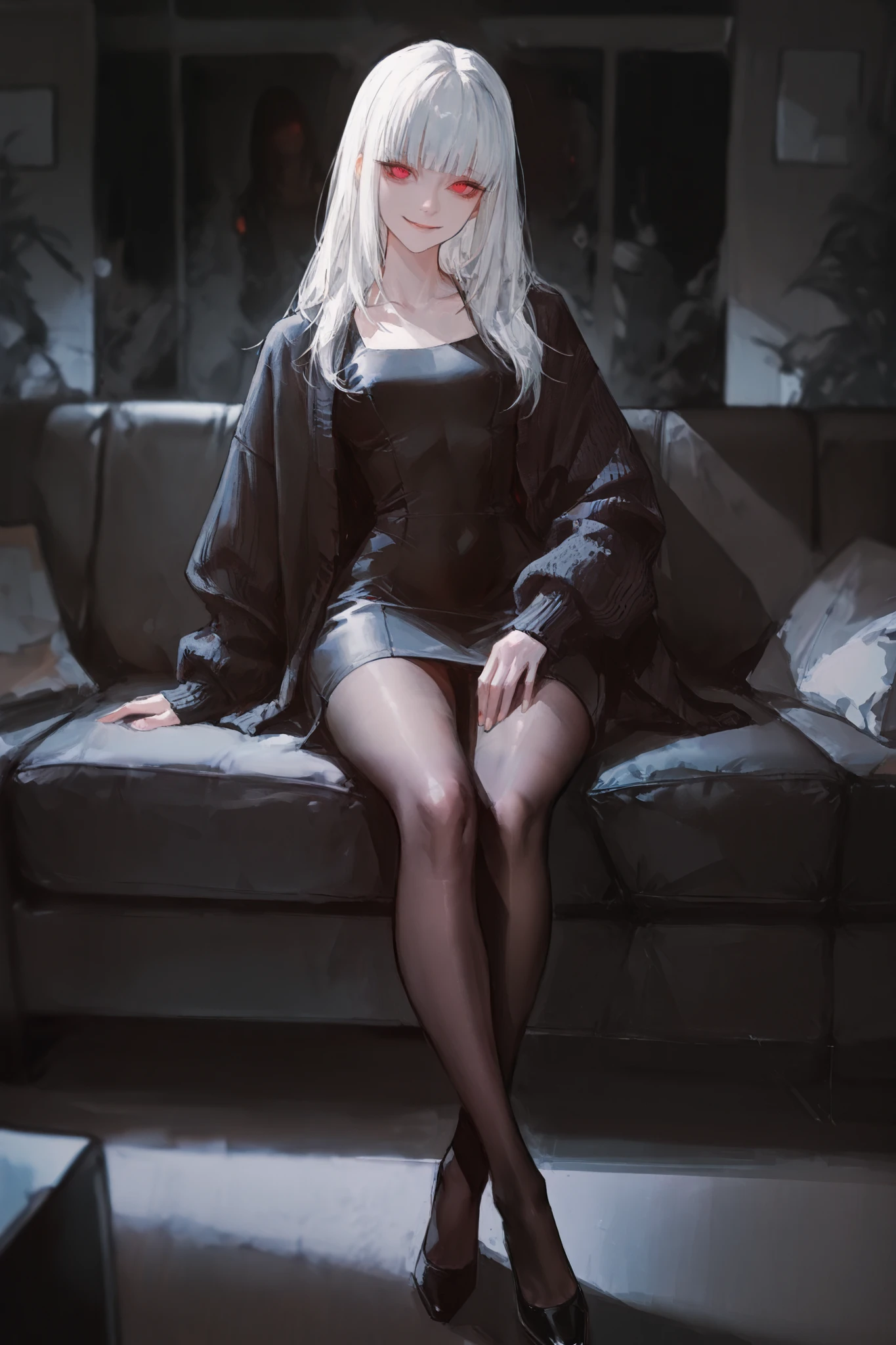 UHD, 8K, Surrealism, Silver Hair, (Realistic, Photo Realistic: 1.3), Extremely Delicate Beauty, Realistic Skin Details, Soft Light, (Short Hair: 1.3), Beautiful and Delicate Girl, Normal Fingers, Extremely Detailed Eyes and Face, Beautiful Fine Nose, Beautiful Fine Eyes, Long Eyelashes, Light on Face, Looking at the Audience, (Smiling), ((A Girl)), Cute, Young, Mature Face, (Full Body: 1.3), (Medium Tits), In the Office, Black Stockings, Miniskirt, black bra, no coat