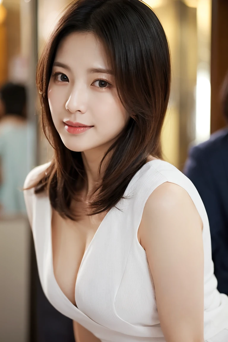 Realistic photo images, Japan Woman, Neat and clean wife, perfect bodies, Equal to the size of the body, The wind is blowing, A MILF(Body)、large full breasts、Sweaty glowing skin, wetted skin, Wet, (natural make up)、Brown shoulder-length hairstyle(The hair)、heart shape face(faces)、almond shape eyes(The eye)、straight nose(nase)、Peach plump lips(lip rack languri(lo fashion)、30 years old, in beach(deph of field) , ultra-detailliert、电影灯光、light glow、A smile、(full body Esbian:1.1)、A MILF、