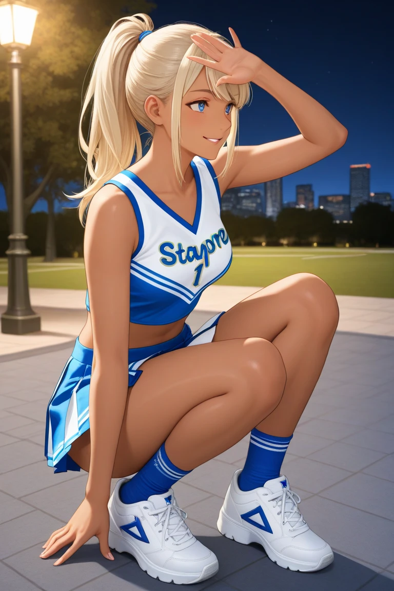 Rabbit girl High school cheerleader, solo, female, blonde hair, blue eyes, smiling, medium breasts, cleavage, slim, small waist, small hips, european city, brick road, hands behind back, happy, looking at viewer, high quality