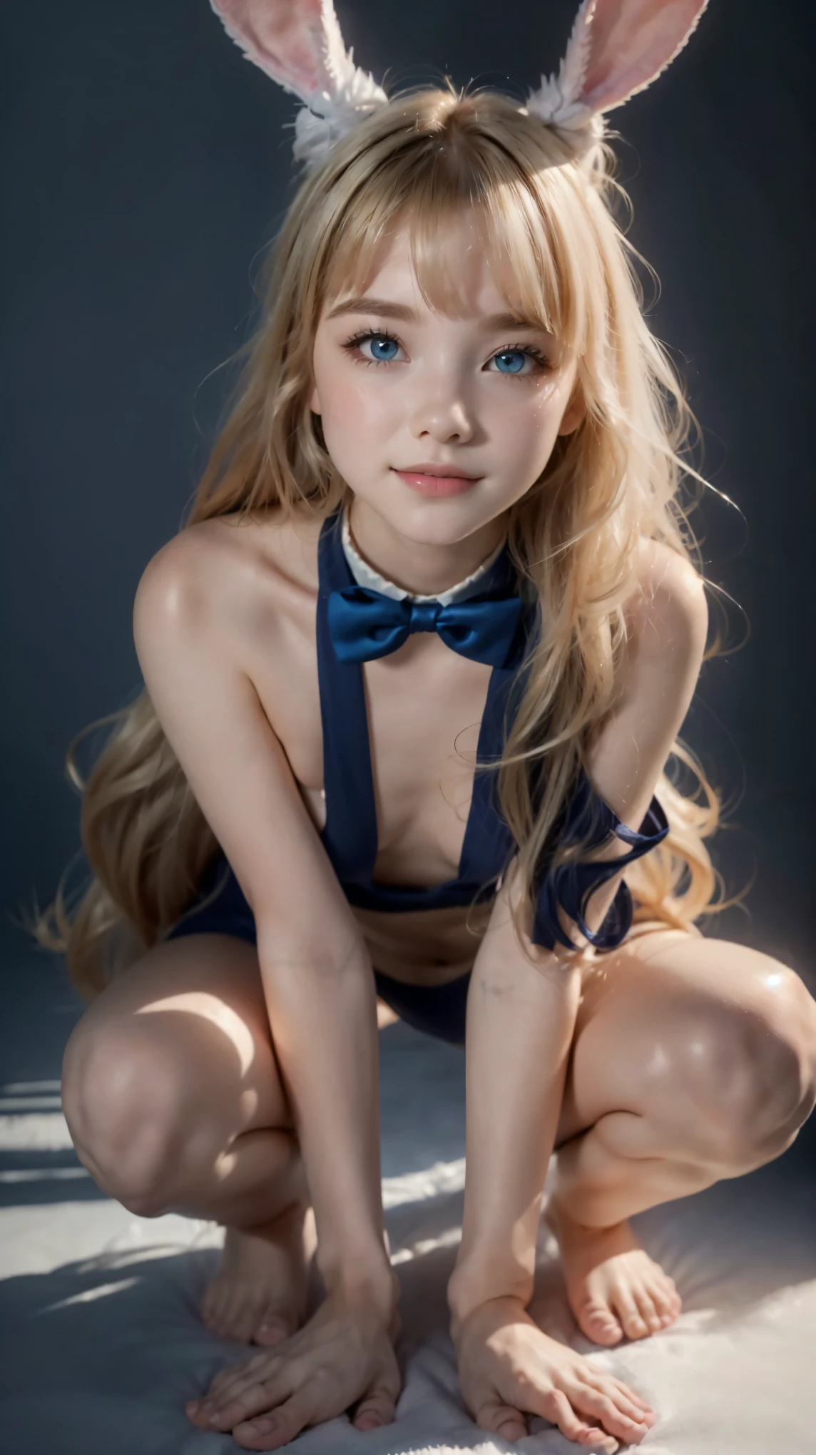score_9, score_8_up, score_7_up, korean girl, pale skin, cowboy shot, naked, blonde hair, blue eyes, small breasts, slim body, wavy hair, breasts out, blue-frammed glasses, white pearl necklace,white collared shirt, unbuttoned shirt, blue leather jacket, black gloves, black leather thigh boots, expressionless, standing still, pubic hair