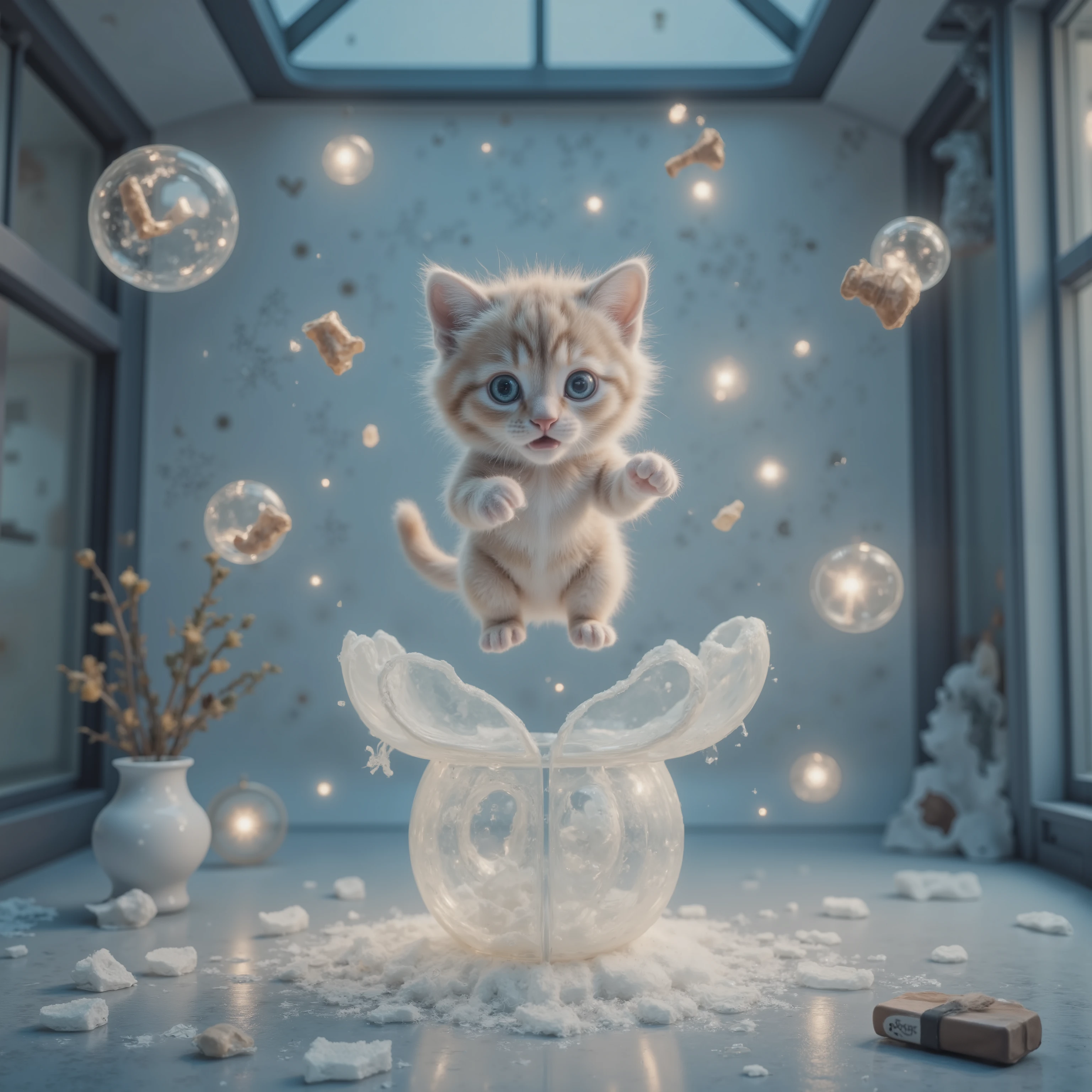 A kitten,Lab style,Floating on a broken eggshell,Break the shell,energy bar
