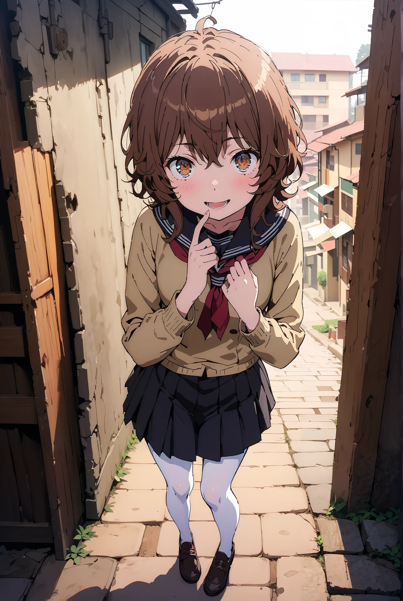 Liliru Card, Lilylka Alde, brown eyes, black cock, smile,cover,opens her mouth,short hair,Black sailor suit,red 弓tie, yellow cardigan , black mini pleated skirt ,white pantyhose as if it were in the illustration,loafers,Student bag 1 :1,Beautiful Scenery,evening,full bodyかイラストに入るように,break outdoors, residential area,
break looking at viewer,full body,
break (masterpiece:1.2),best quality , kampala, Unity 8K Wallpaper ,(shape:0.8),( fine, beautiful eyes :1.6),It's a person ,full body写真,CG Details , (perfect hands,complete anatomy),