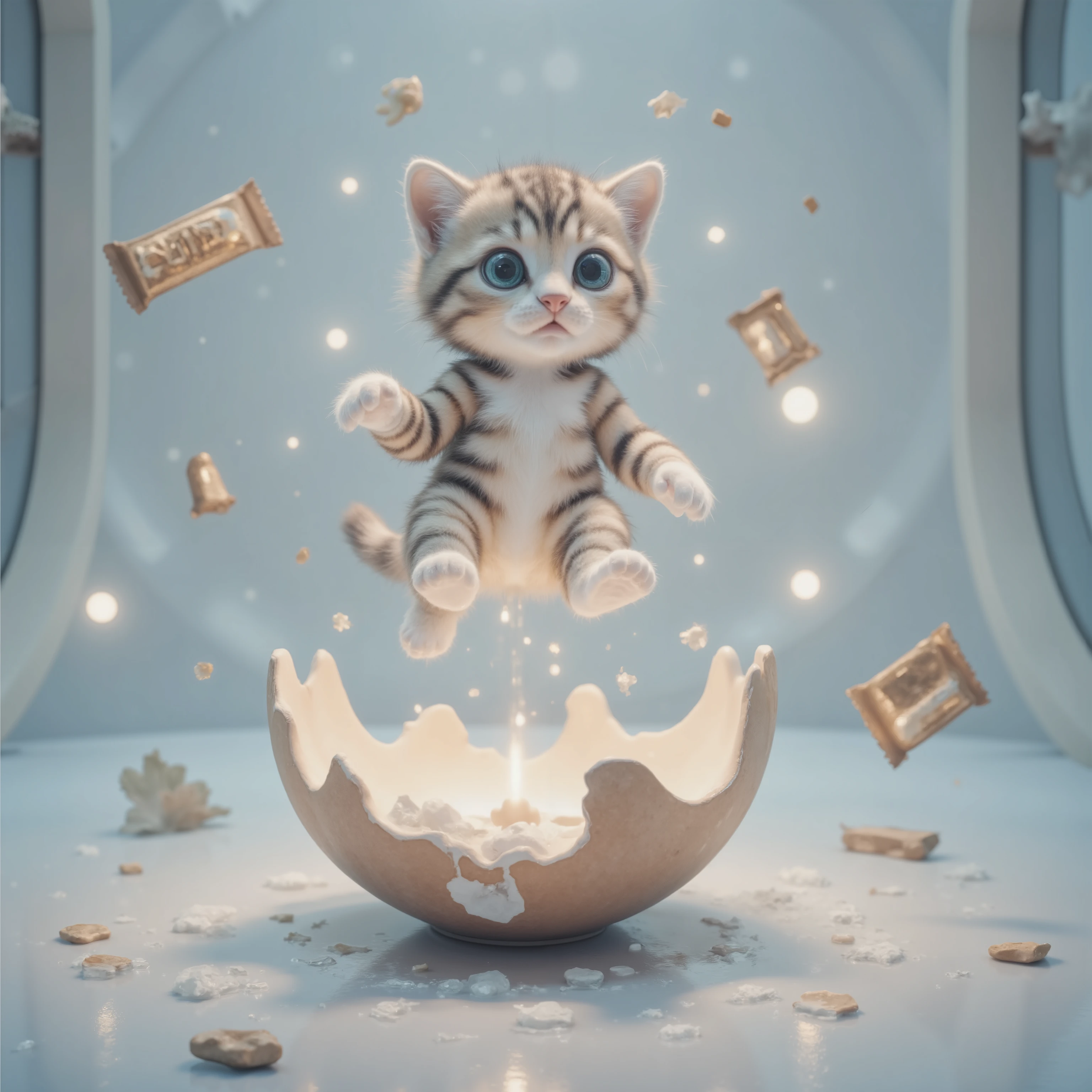 A kitten，Lab style，Floating on a broken eggshell，Break the shell，energy bar