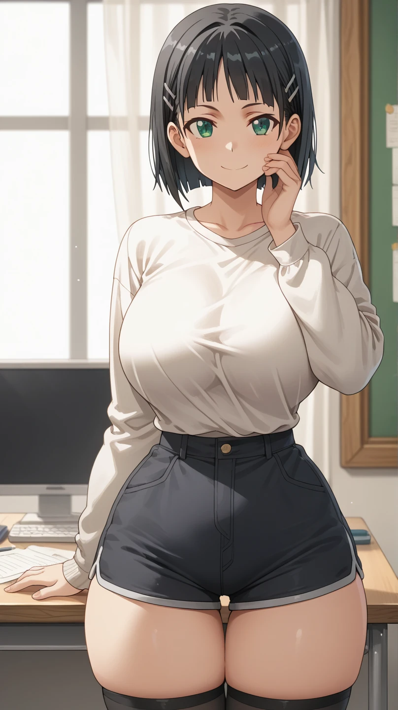 1 Female, Age 20,whole body,Standing,Staring at the audience,Shiny black hair,Black Bob,Class President,((face)), In the heat, Sulky face, Pink Eyes,Big , White shirt,Navy blue tie,High quality anime, Vulgar,(90s Anime), ((Sweat)), Mastepiece, Ultra High Quality, High resolution, 8K, background:live-action,background:Super Real,background:Photographic school classroom,Window,sunlight,((Fisheye Lens)),backgroundボケ,(Low - Angle),