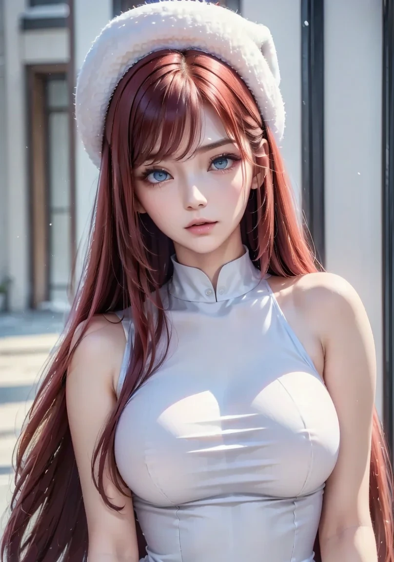 masterpiece, with pink hairstyle 1 beautiful girl, Delicate Eyes, Uniform Eye Size, Purebred face_v1, top quality, Ultra high resolution, (Reality: 1.4), Japanese, Korean, very beautiful, Beautiful skin, slim, is very sexy, (超Reality), (high resolution), ( 8,000), (Very detailed), delicate face, Bright Lights, professional lighting, See the consistent size of the lens, Facing straight ahead,Uniform Sweaters,Perspective Sweaters,You can see the breast protruding,big nipples:1.21, bare shoulders, Long hair flowing, bangs,Snow Scene,snow hat .